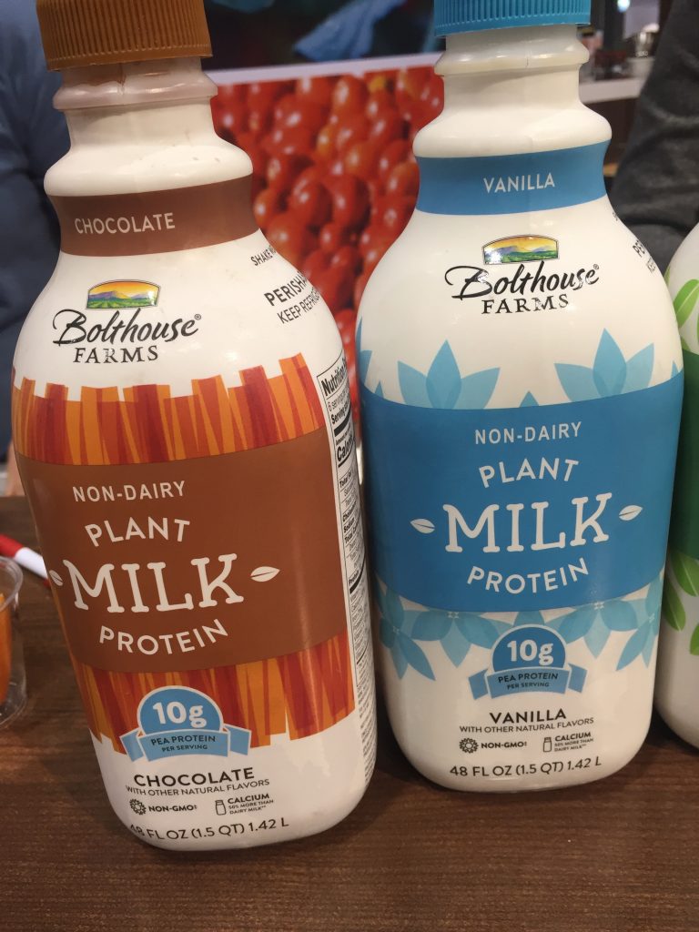 Bolthouse Plant Protein Milk -  made with pea protein, contains 10 g protein per cup and fortified with calcium, vitamin D and vitamin B12. 